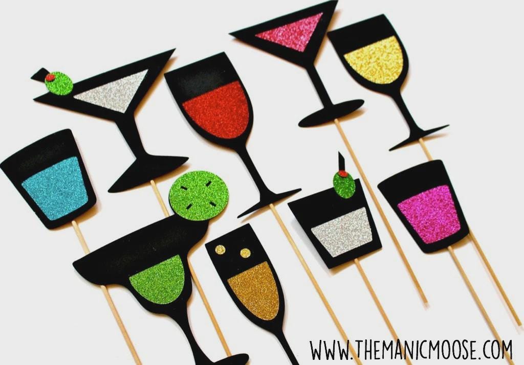 Photo Booth Props ~ Happy Hour Collection ~ Set of 9 GLITTER Cocktail Photobooth Props