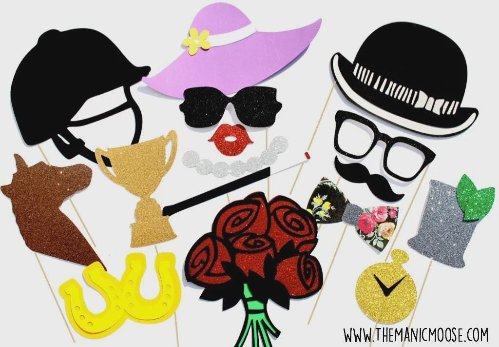 Kentucky Derby Photo Booth Props: Glitter Hats, Roses, Trophy (16-Piece Set, Assembled)