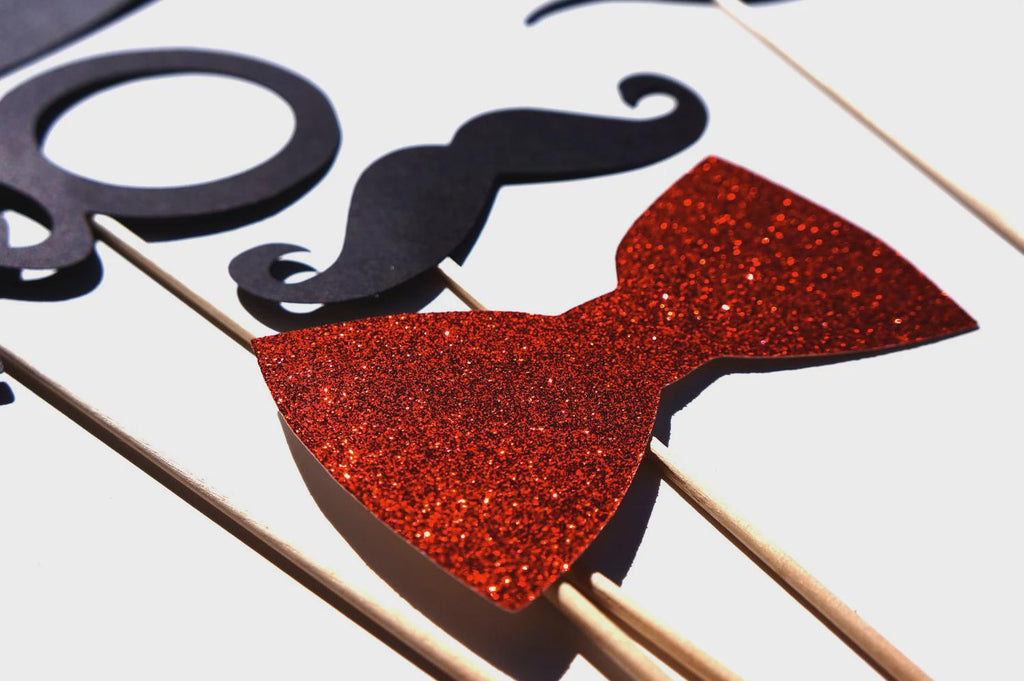 Glitter Photo Booth Props - Top Hat, Bow Tie, Mustache - Set of 5