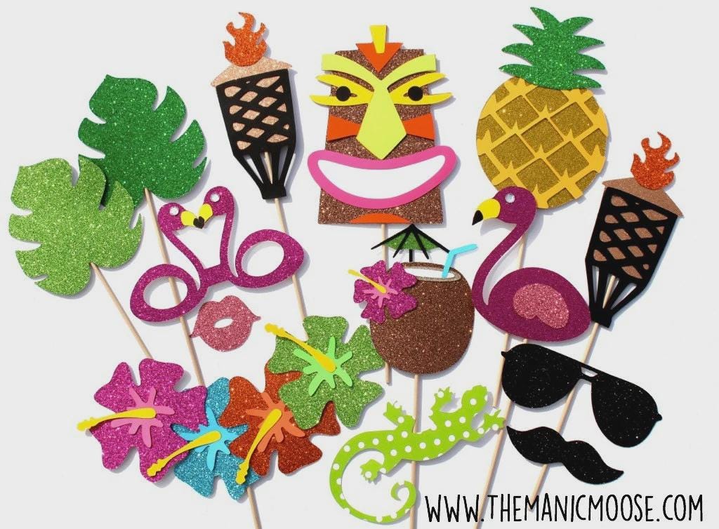 Glitter Tiki Photo Booth Props, Hawaiian Luau Party Set