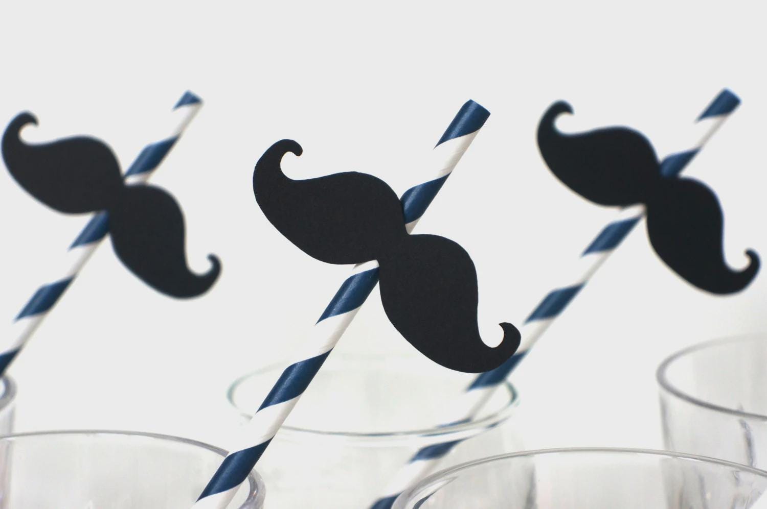 Navy Blue Striped Mustache Straws - Party Photo Booth Props, Set of 10