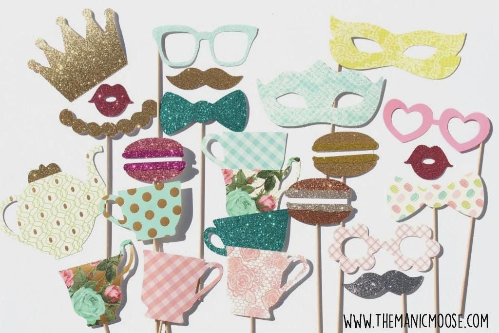 Garden Tea Party Photo Booth Props: Glitter Crowns, Teacups, Macarons - Set of 21