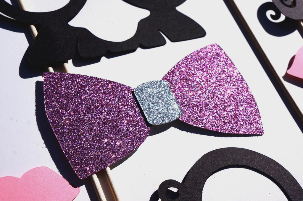 Photo Booth Props - 19 Piece Classic Party Set with Glitter Bow Tie