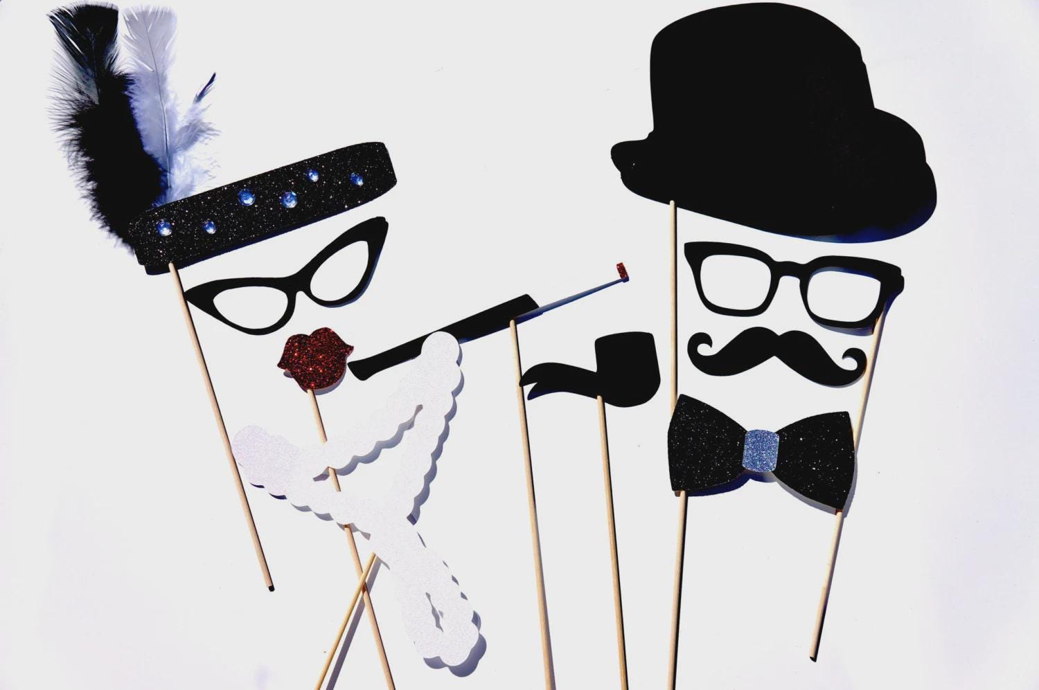 Roaring Twenties Photo Booth Props - 10 piece set - Birthdays, Weddings, Parties - GLITTER Photobooth Props