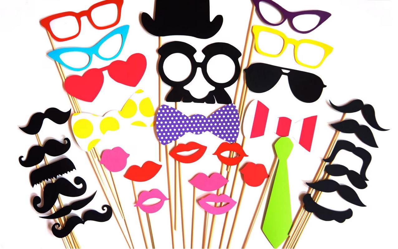 32 Brightly colored Photo Booth props on a stick - Parties, Birthdays, Weddings
