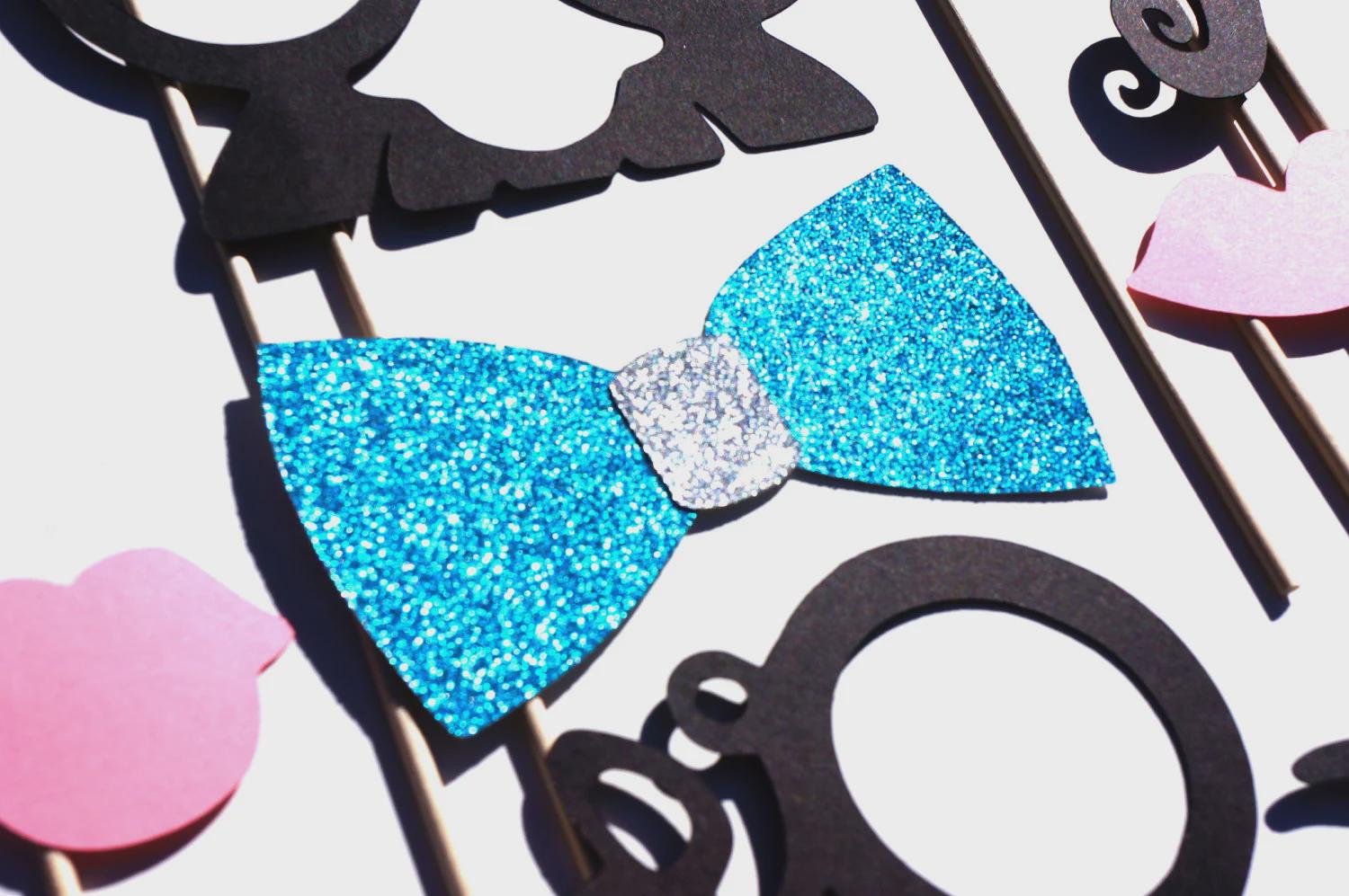 Photo Booth Props Set – Glitter Bow Tie, Mustaches, Lips - 19 Piece