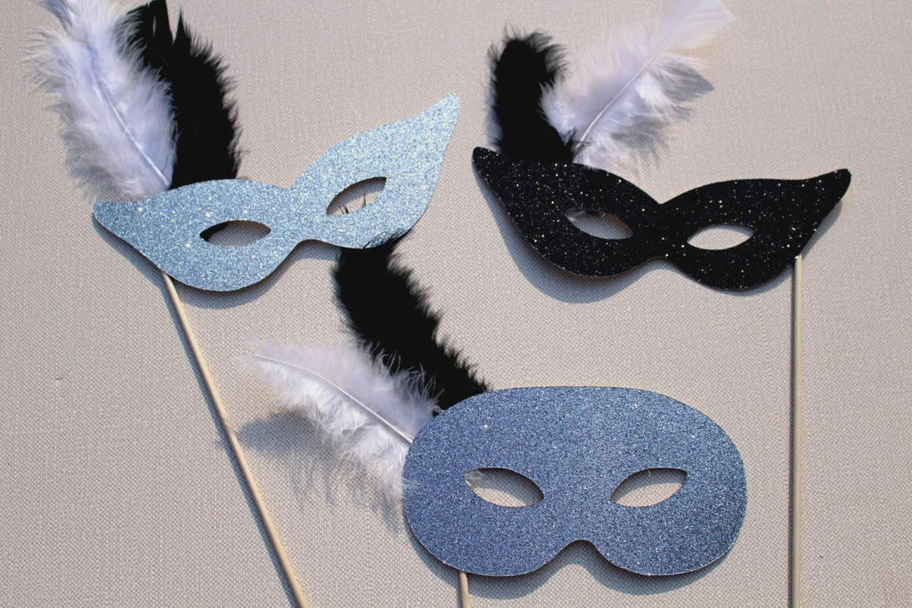 Glitter Masquerade Mask Photo Booth Props - Black, Silver, Antique Set of 3