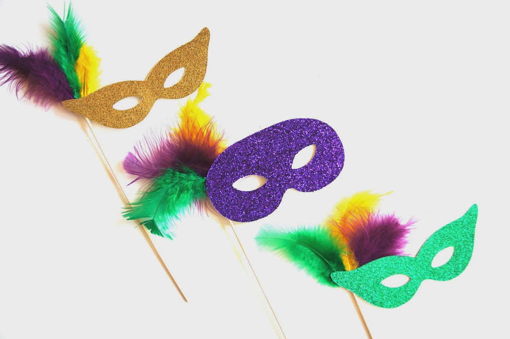 Glitter Mardi Gras Mask Photo Booth Props - Feather Masquerade Masks, Set of 3