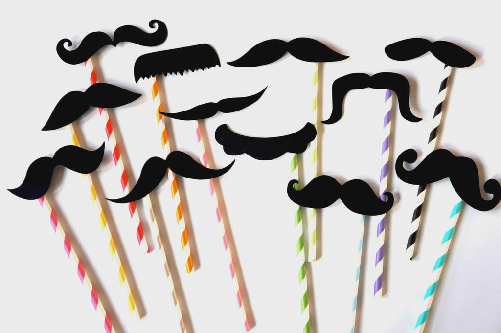 Mustache Photo Booth Props - Black Mustaches on Striped Straws, Set of 12
