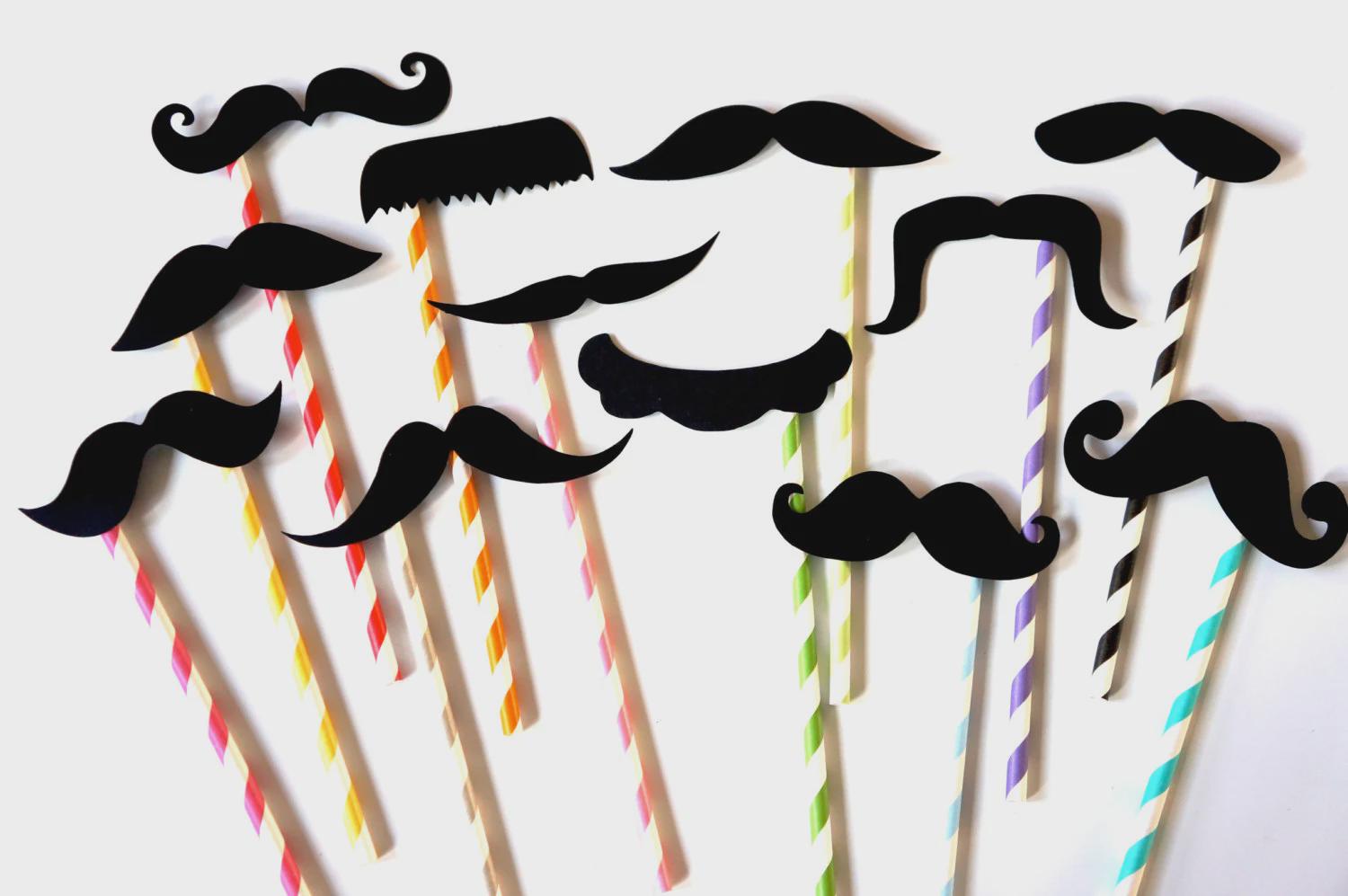 Mustache Photo Booth Props - Black Mustaches on Striped Straws, Set of 12
